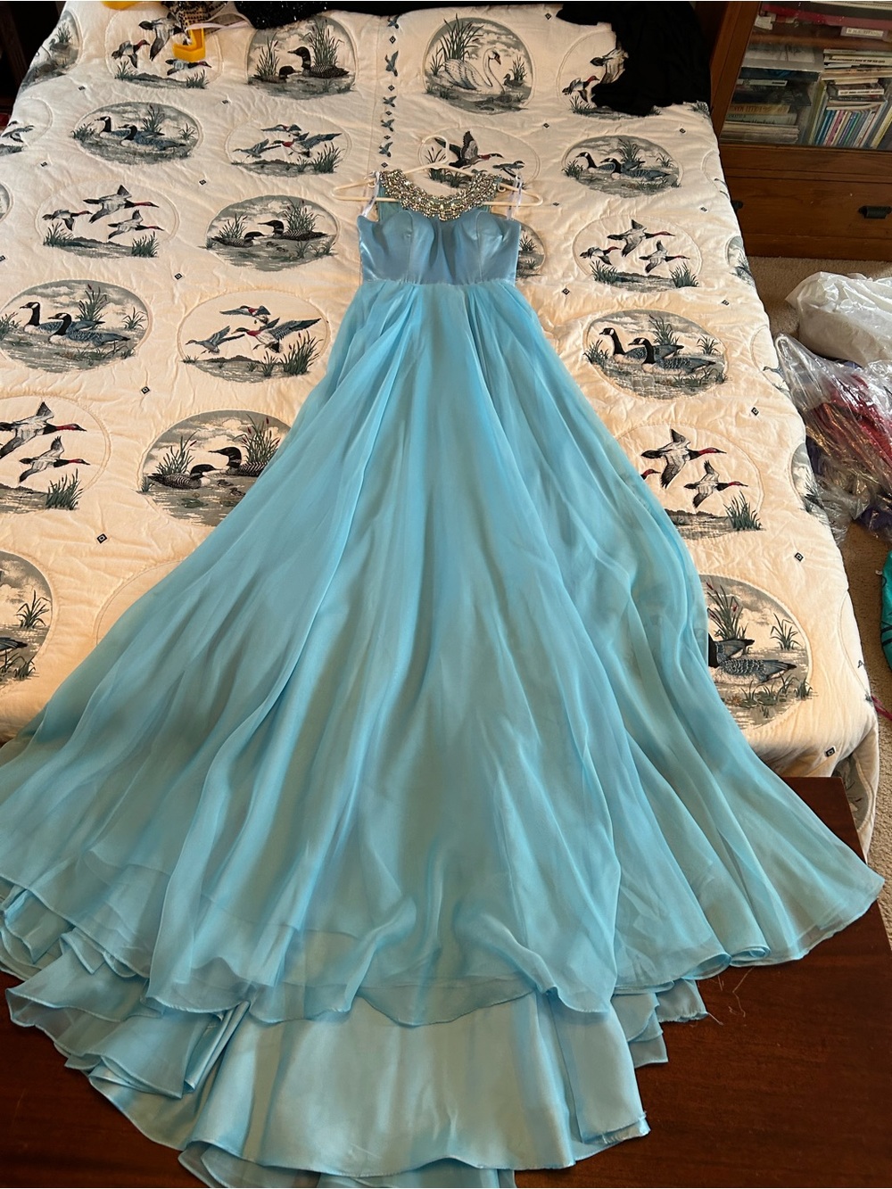 Sherri Hill Light Blue Beaded Bodice Chiffon Maxi Dress